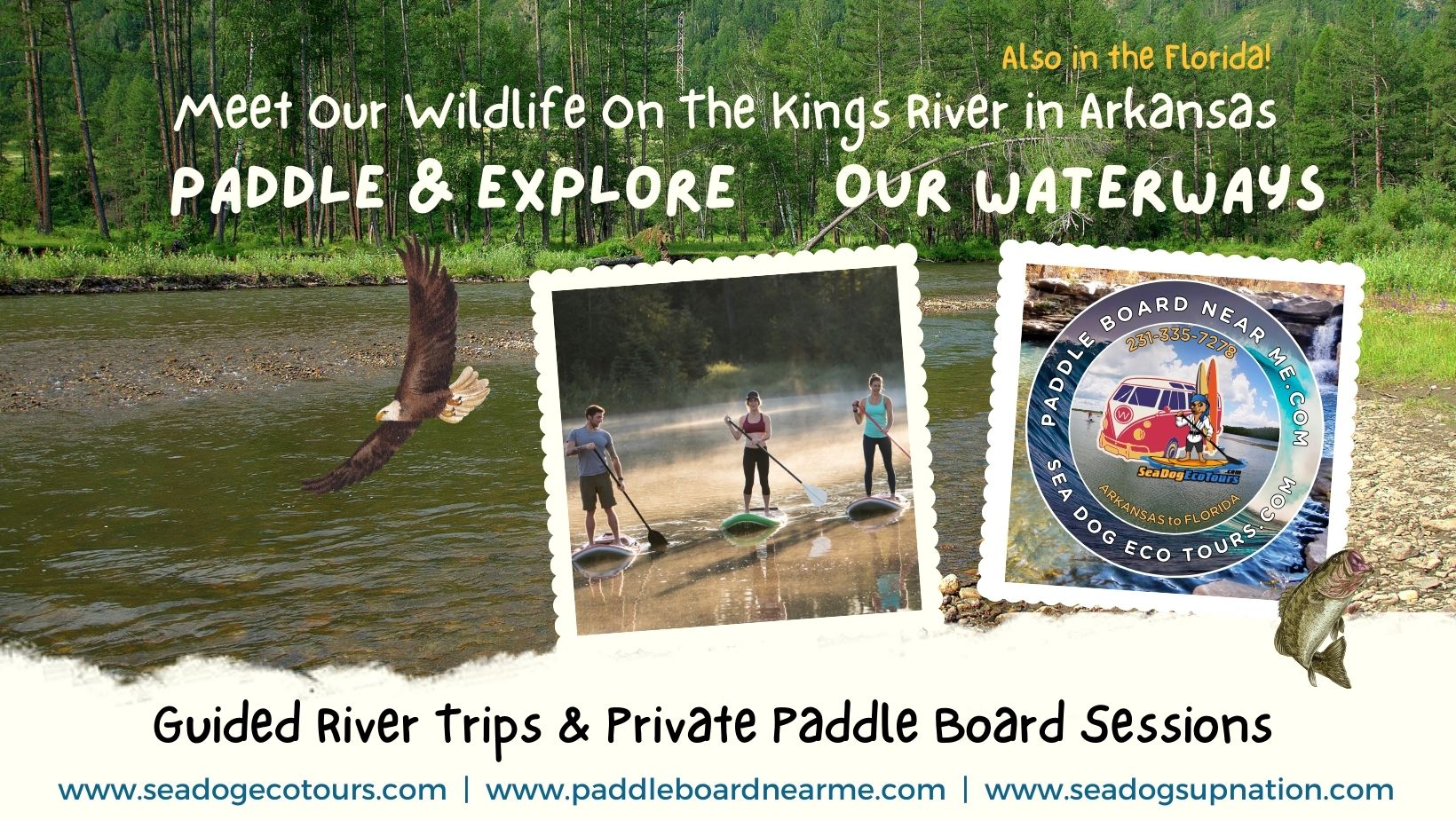 image of the kings river and the paddle board near me logo with people paddle boarding